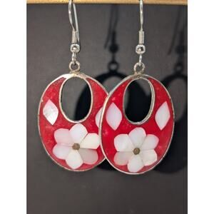 Vtg Alpaca Mexico Red White Mother of Pearl Inlay Floral Dangle Earrings